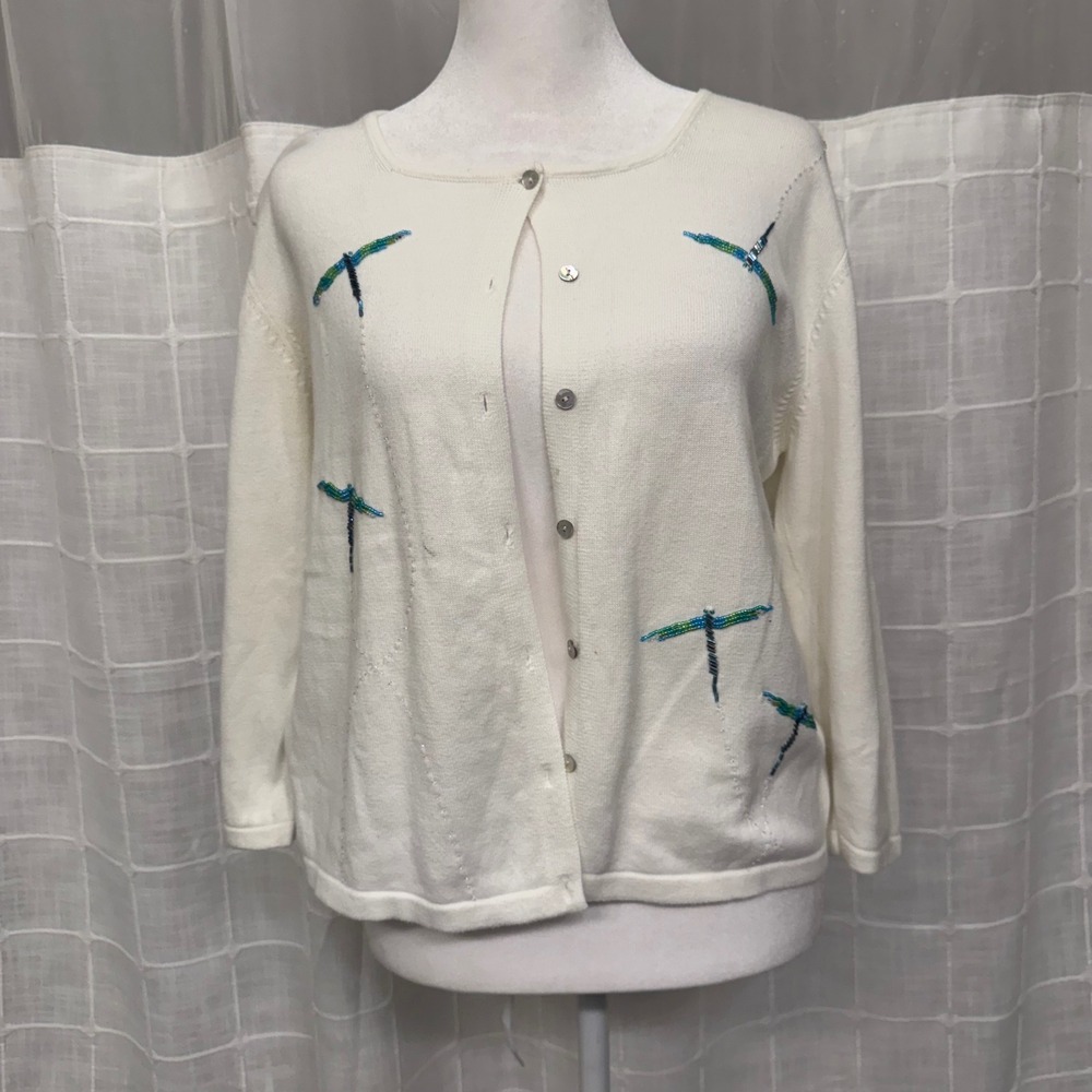 Marisa Christina White‎ Beaded Dragonfly Button Up Cardigan Sweater Small